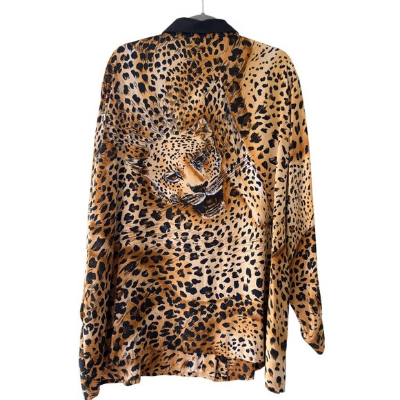 Bloomingdales Womens Silk Cheetah Print Button-Up Shirt Genuine Leather Collar - Picture 3 of 16